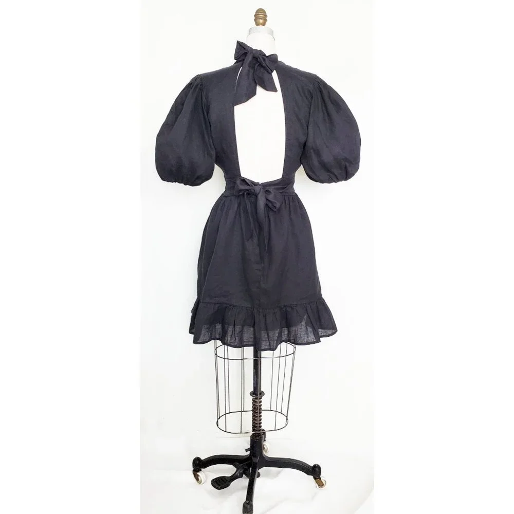 Faithfull The Brand Womens Black Linen Tie Back Dress Balloon Sleeves 6 - Picture 7 of 11